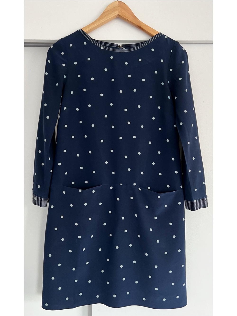 J.Crew 100% Silk Navy Polka Dot Shift Mini Dress Size 0 Pockets